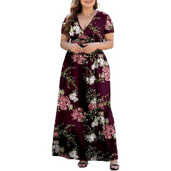 Short Sleeve V-Neck Plus Size Maxi Dresses with Pockets - Picture 3 of 3